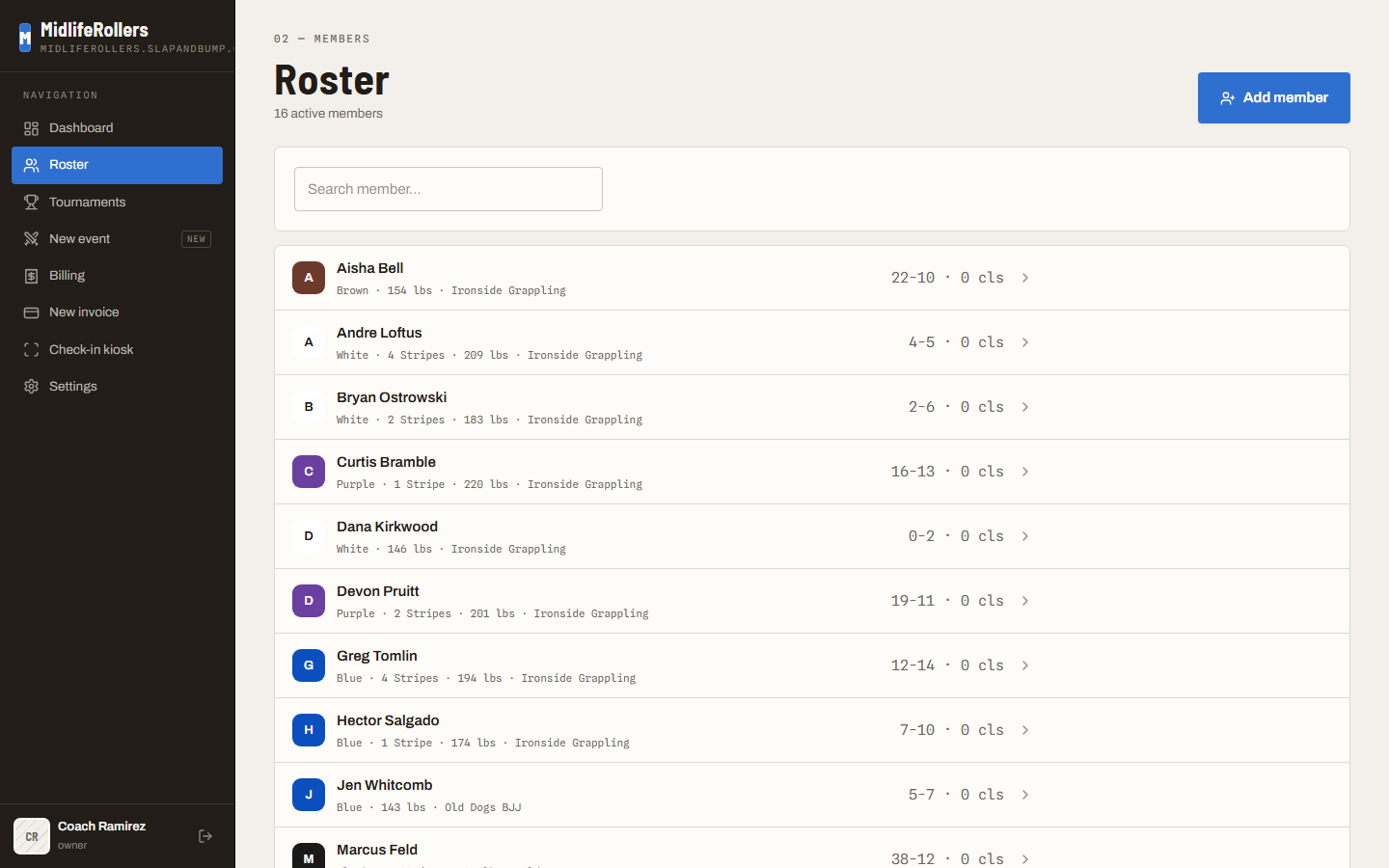 Screenshot slot: the member roster with belts, stripes, and weights