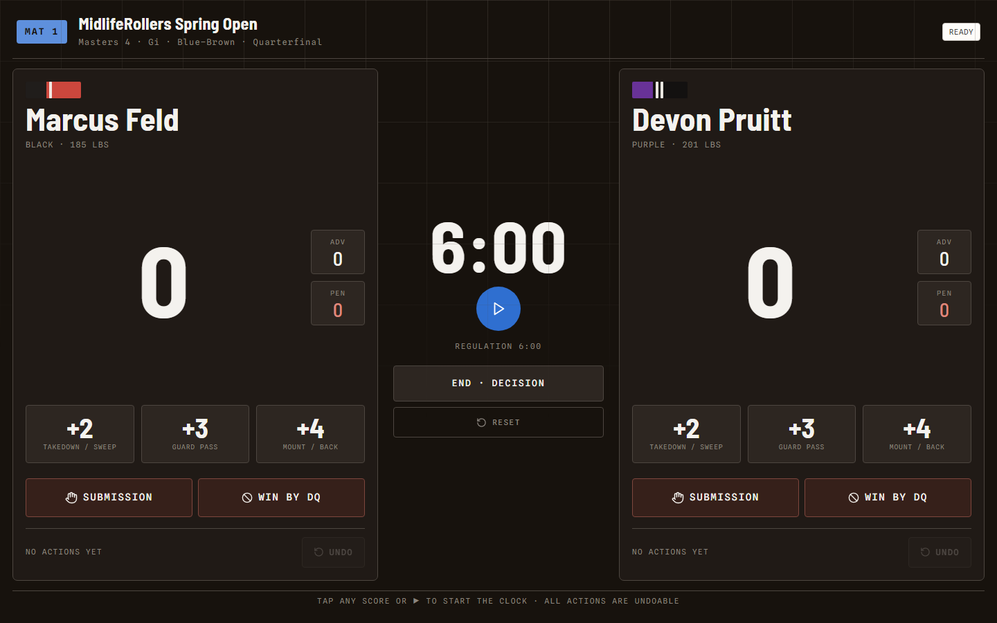 Screenshot slot: the live IBJJF scoreboard during a match