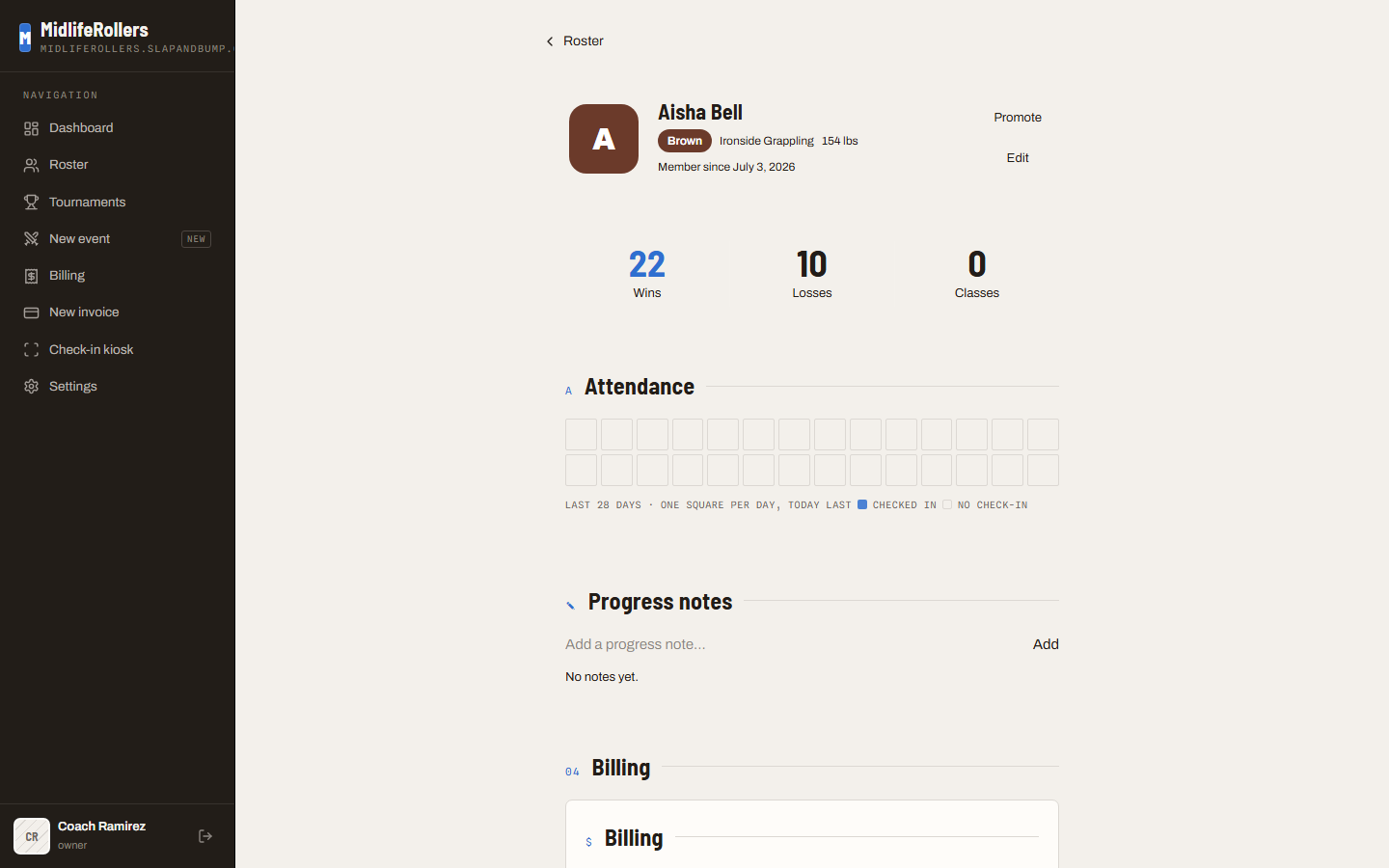 Screenshot slot: a member's permanent mat record with match results